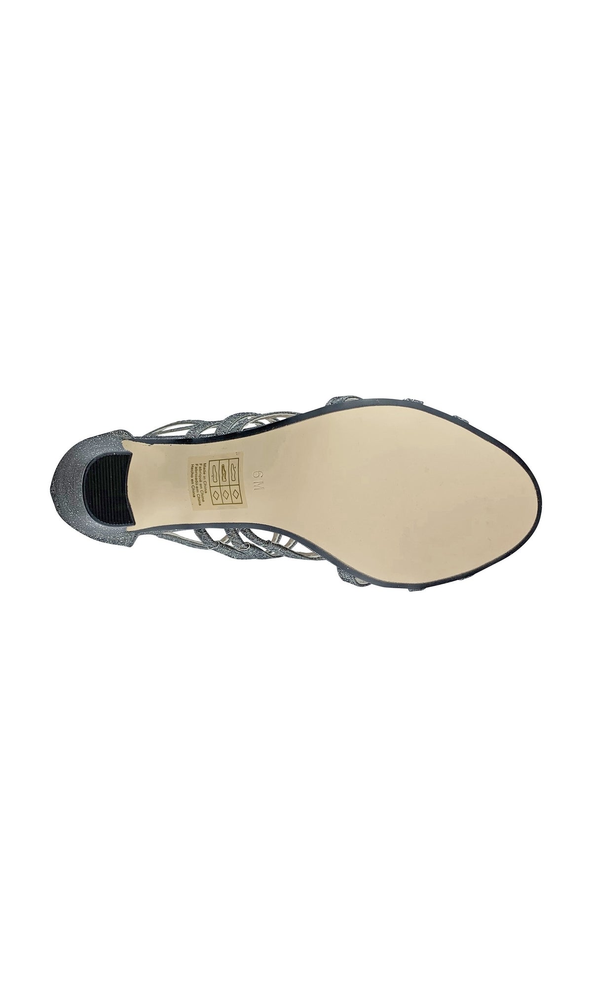 Top-down view of the sole of the Rhyan Pewter Silver Sandal with a high block heel, featuring a pointed toe, strappy upper, and textured heel section.